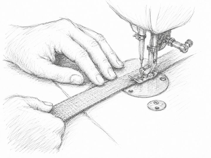 Sketched hands sewing linen fabric